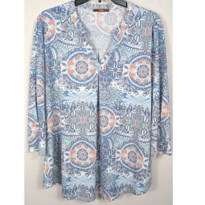 Gaharu Womens XL Top Blouse Blue Coral Paisley Print‎ 3/4 Sleeve V Neck